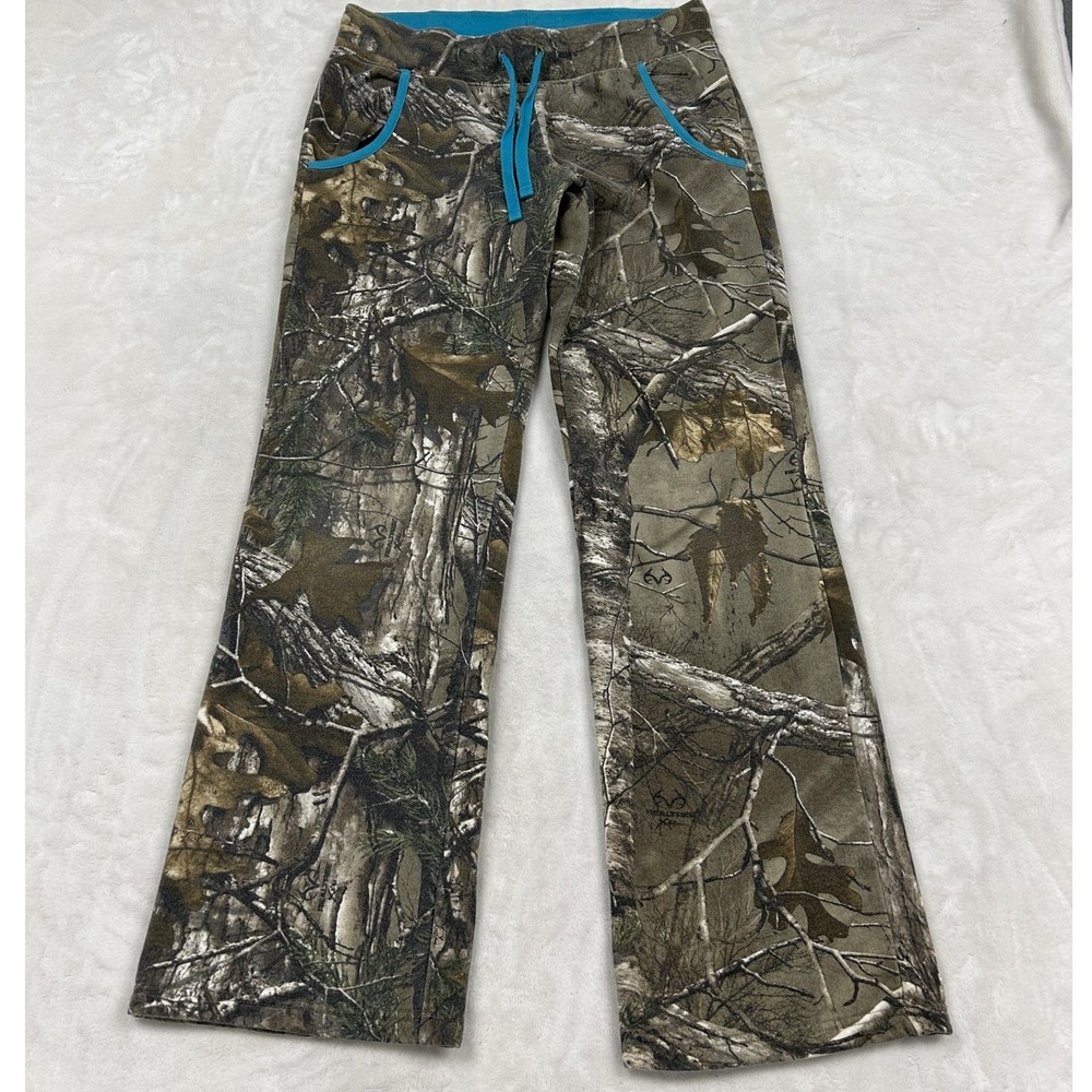 Realtree AP Camo Lounge Pants Womens Medium Brown Teal Straight Leg Drawstring